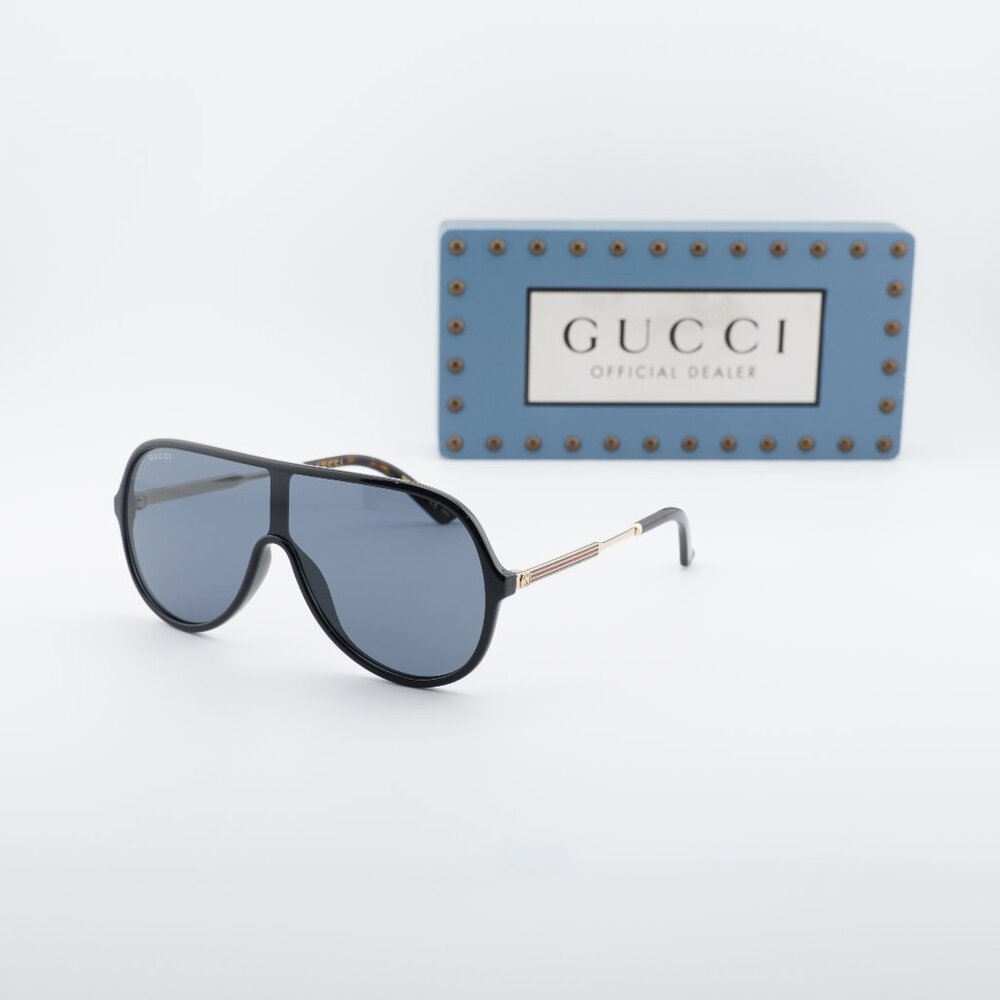 Gucci GG0199S 001 Shield Sunglasses - Shiny Black/Gold/Grey